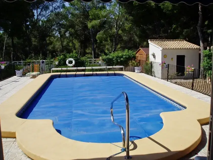 Piscina rectangular con escalera metálica y borde de piedra clara, junto a una caseta en un jardín con pinos