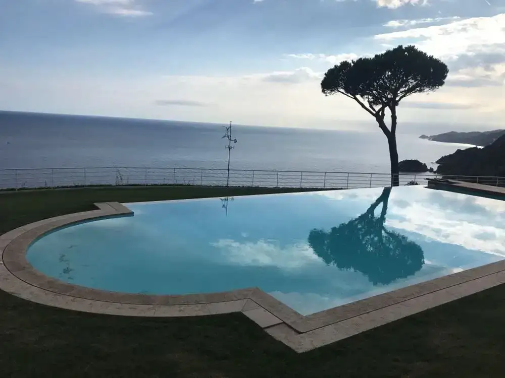Piscina de borde infinito frente al mar, con un pino reflejado en el agua