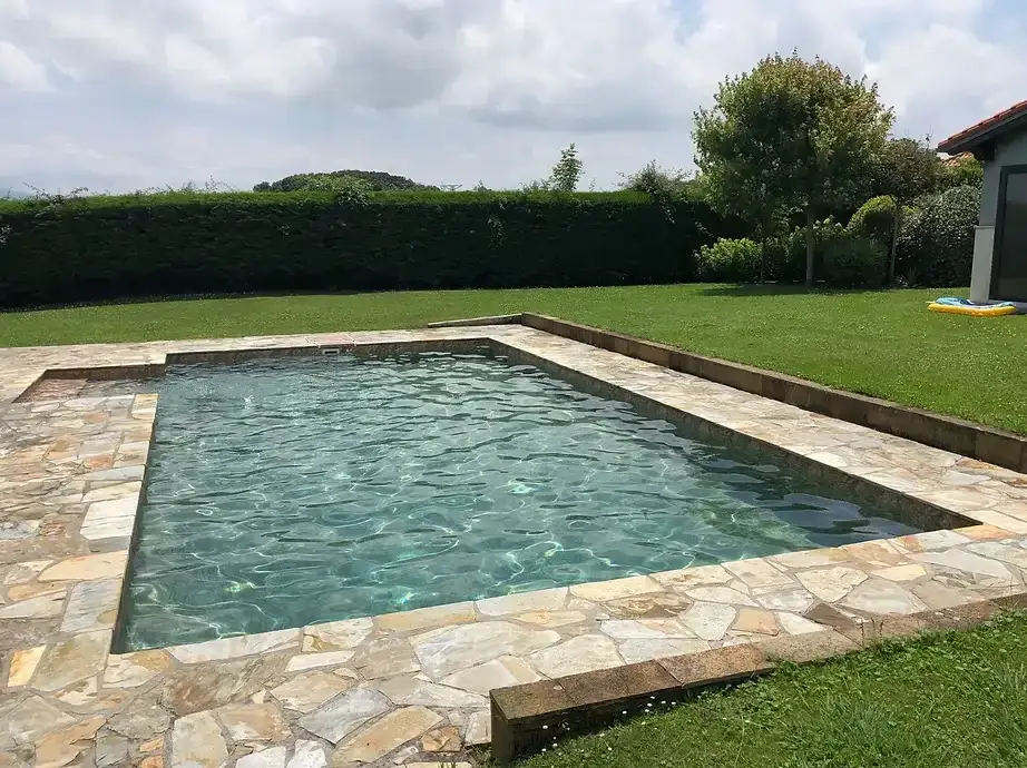 Piscina rectangular con borde y playa de piedra natural en un jardín